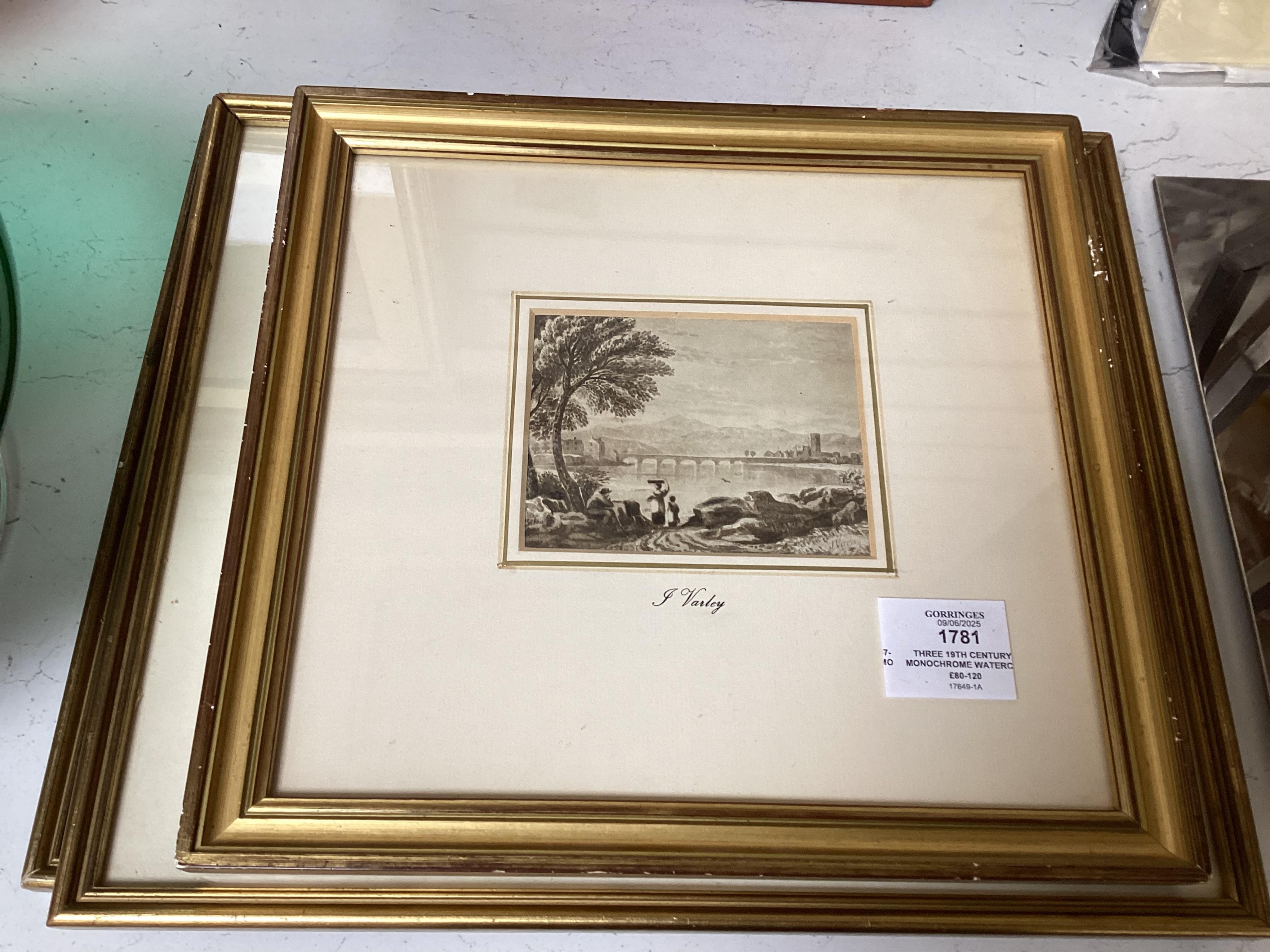 Three 19th century monochrome watercolours to include one attributed to John Varley (1778-1842), landscapes, largest 11 x 17cm